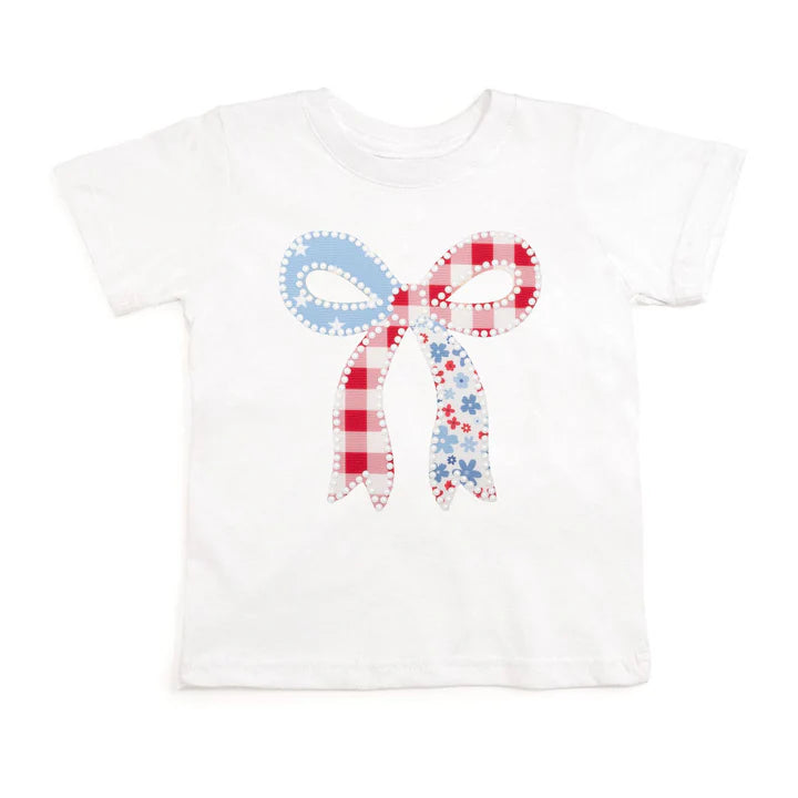 Sweet Wink Patchwork Bow Patch Short Sleeve T-Shirt - White