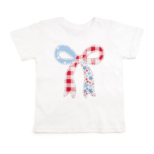Sweet Wink Patchwork Bow Patch Short Sleeve T-Shirt - White