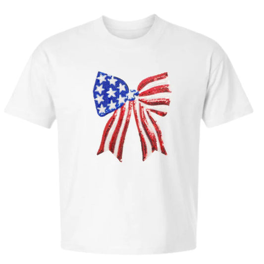 Sweet Wink USA Patriotic Sequin Bow Patch Short Sleeve T-Shirt - White
