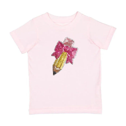 Sweet Wink Pencil Bow Sequin Patch Short Sleeve T-Shirt - Ballet