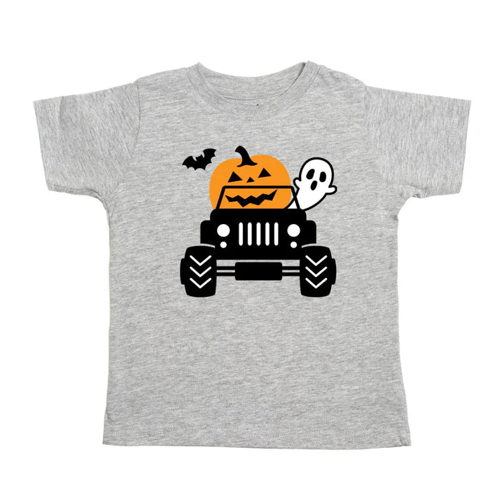 Sweet Wink Pumpkin Monster Truck Halloween Short Sleeve T-Shirt- Gray