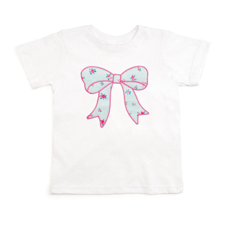 Sweet Wink Sky Blue Floral Bow Patch Short Sleeve T-Shirt - White