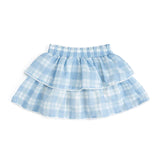 Sweet and twirl-worthy, this tiered skort pairs soft blue plaid with a delicate scalloped trim for a look that’s equal parts playful and polished.

Features:

Blue plaid skort with delicate white trim
2 tiers with attached shorts inside
Smocked waistband
Care: Machine washable, lay flat to dry