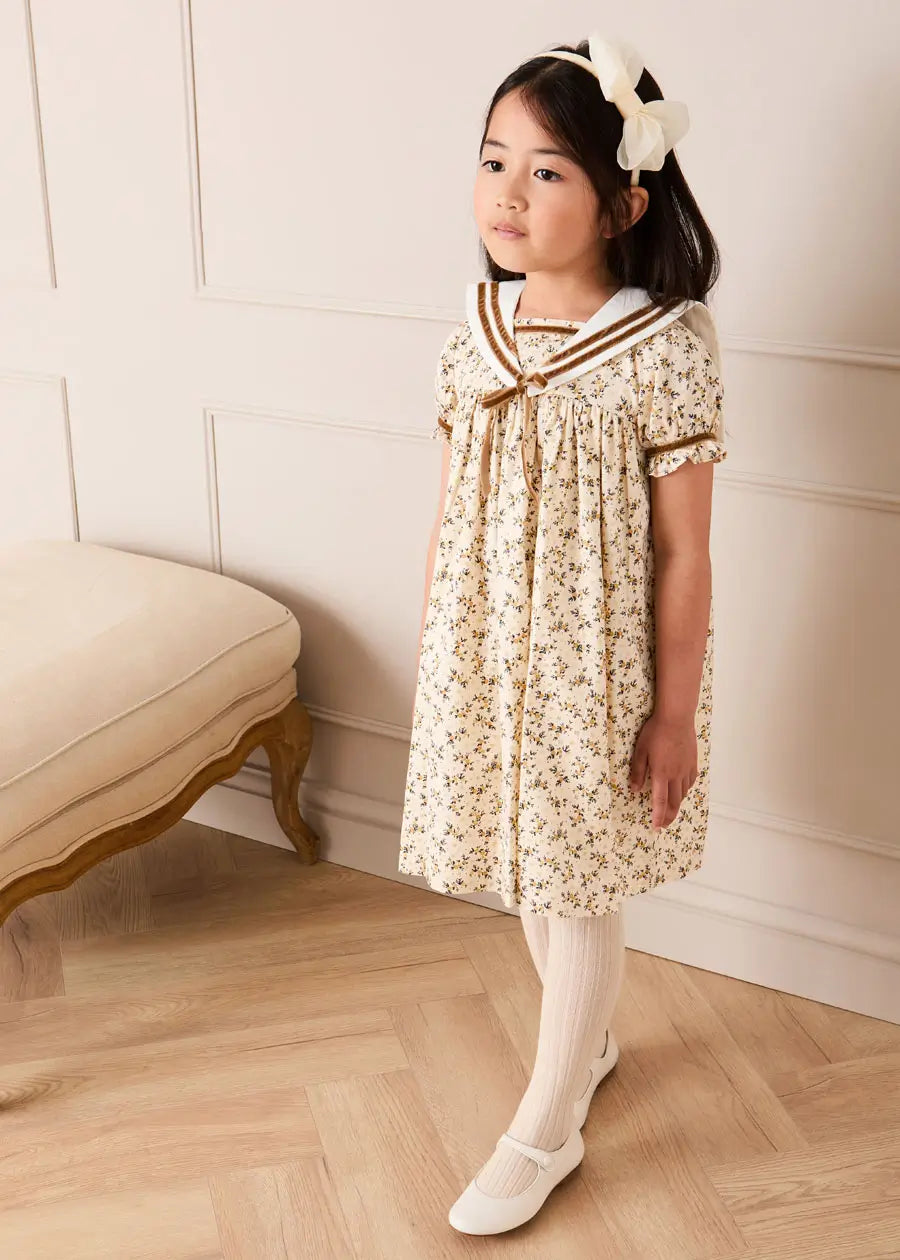 Pepa London Cora Floral Mariner Collar Velvet Trim Dress in Toffee