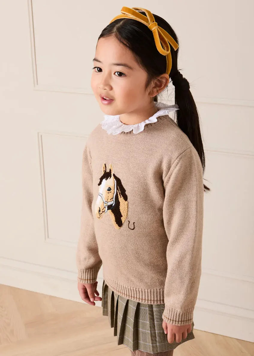 Horse Embroidered Button Detail Jumper in Beige