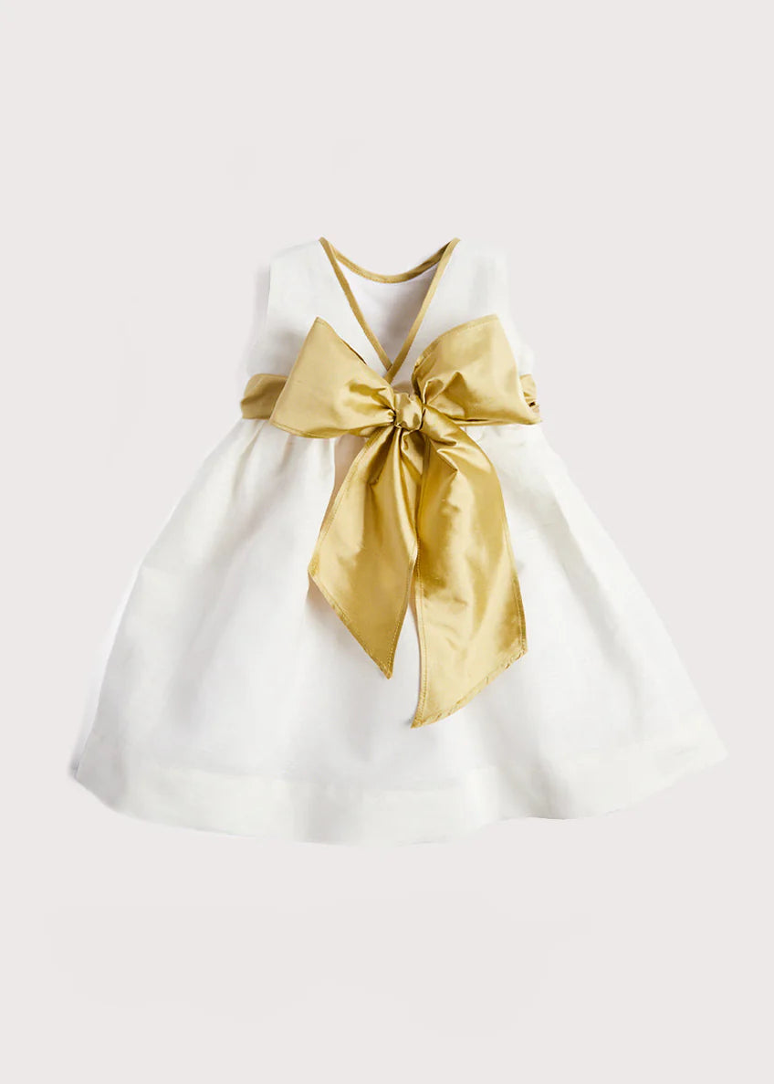 Sleeveless Ivory Flower Girl Dress with Green Silk Sash