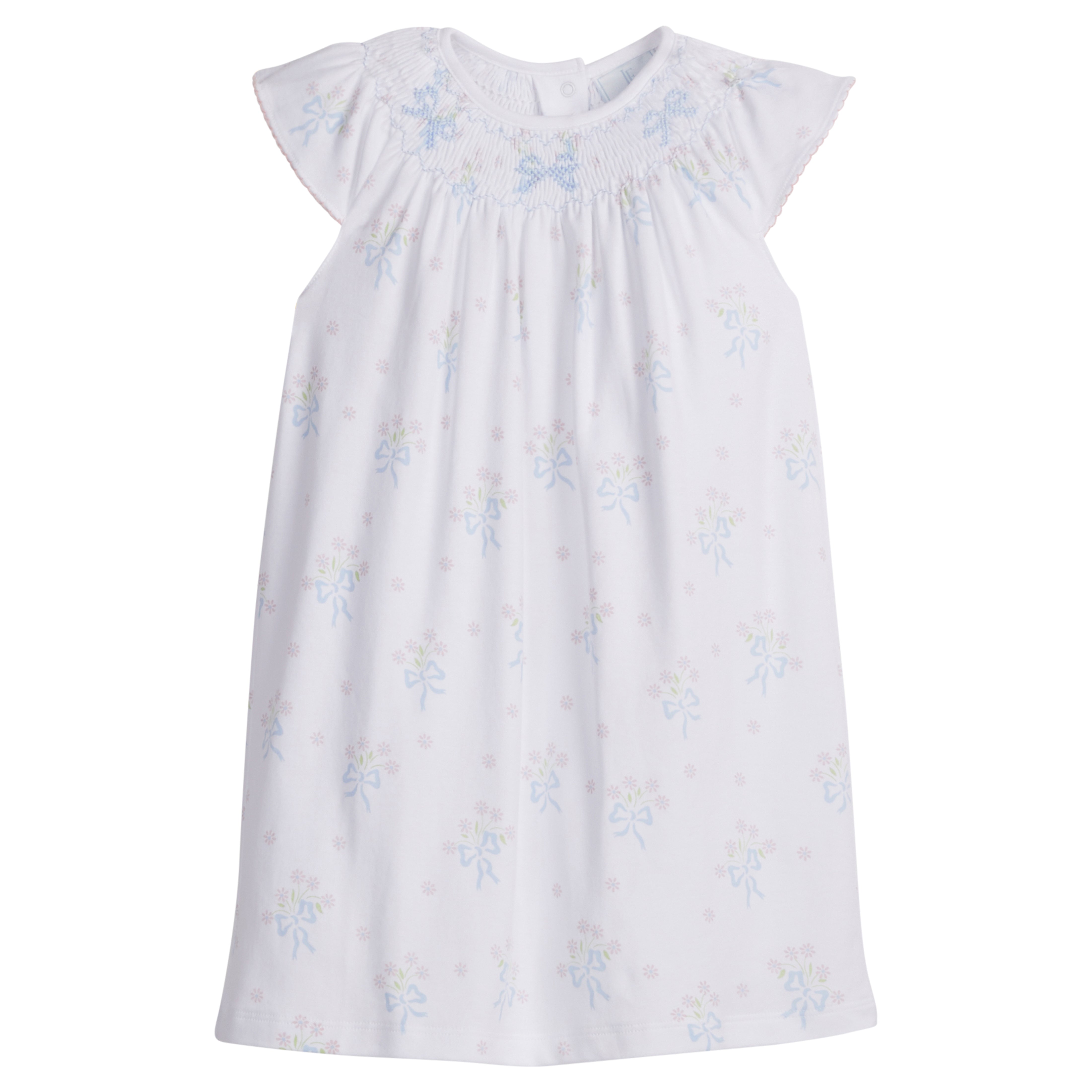 Little English Smocked Bishop Dress- Blue Bow Bouquet