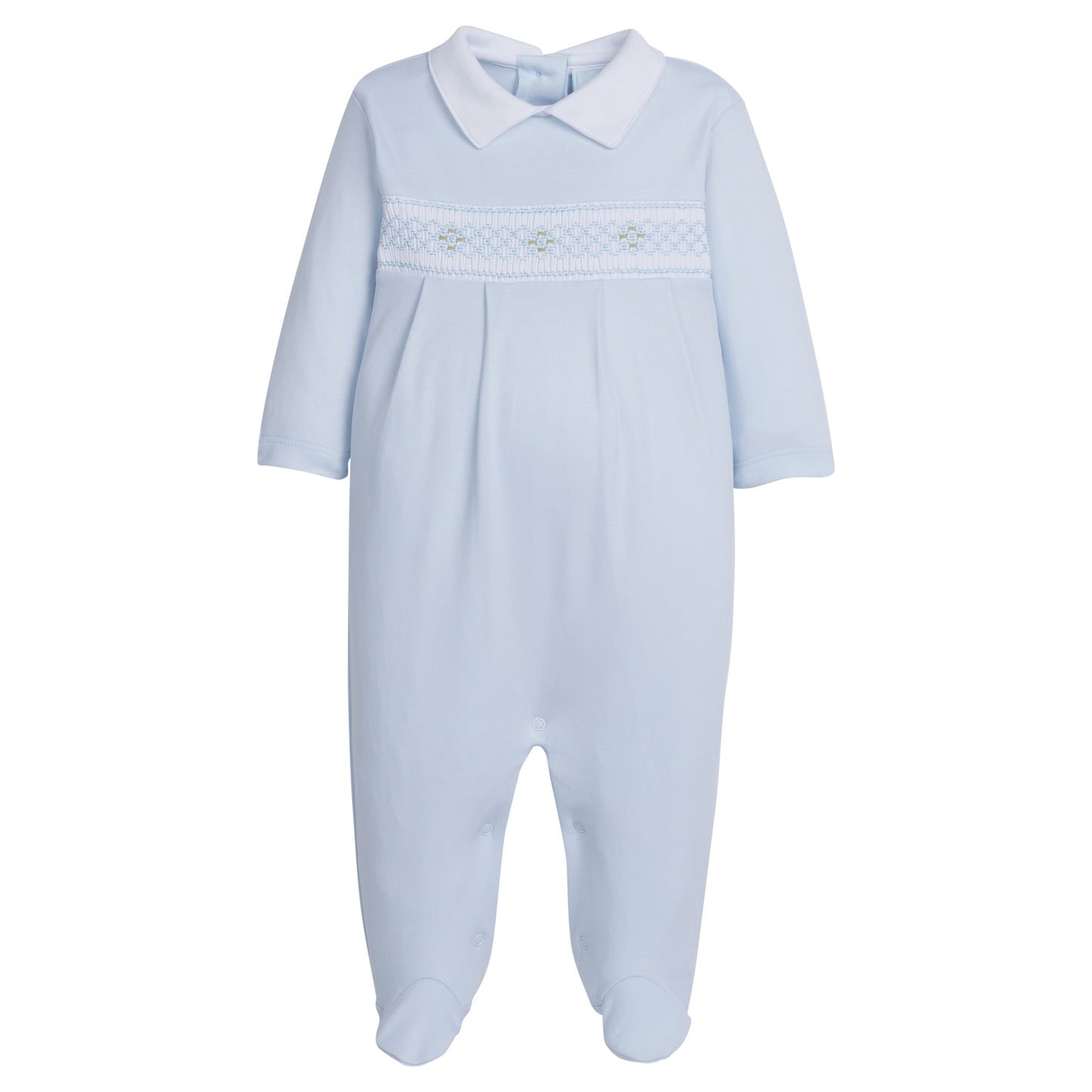 Little English Smocked Footie- Blue Geo