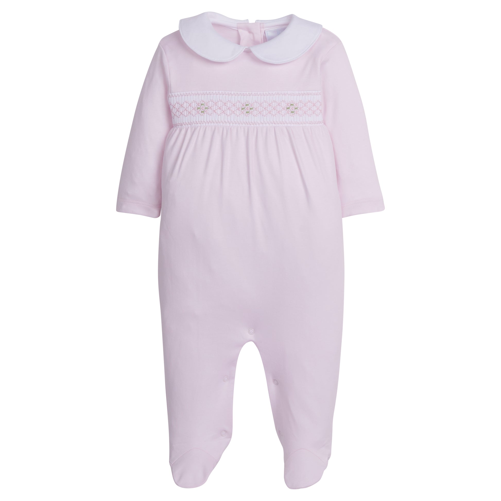 Little English Smocked Footie- Pink Geo