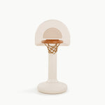 Children's basketball hoop with beige backboard and brown rim on a white background