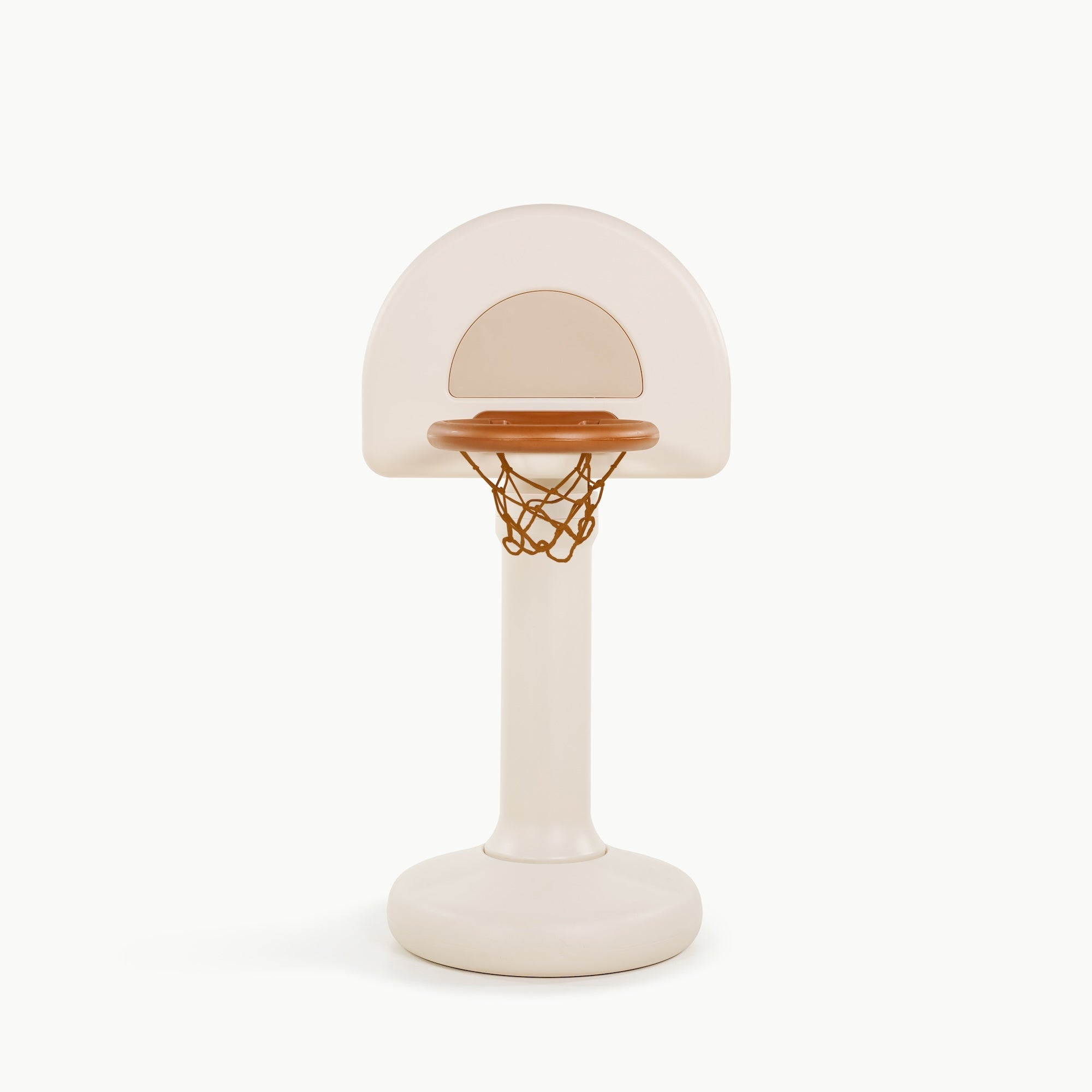 Children's basketball hoop with beige backboard and brown rim on a white background