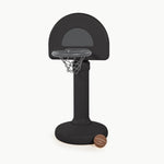 Black basketball hoop with a ball on a white background