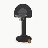 Black basketball hoop with a ball on a white background