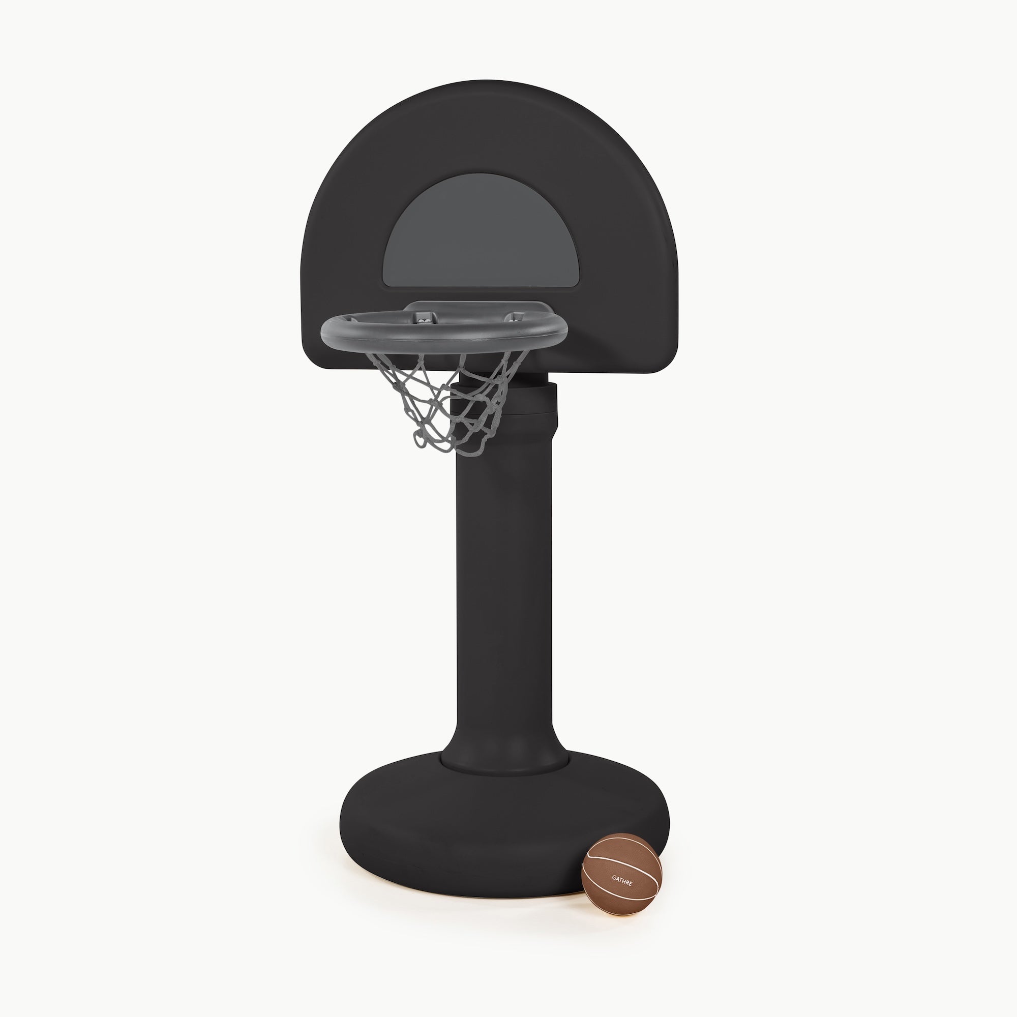 Black basketball hoop with a ball on a white background