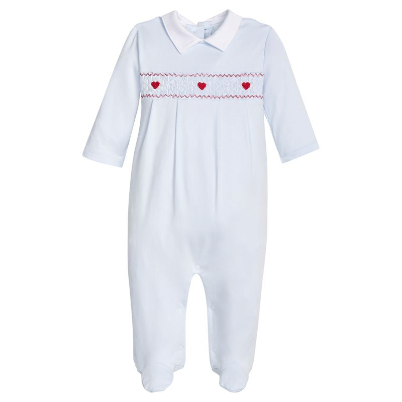 Little English Smocked Footie- Blue Hearts