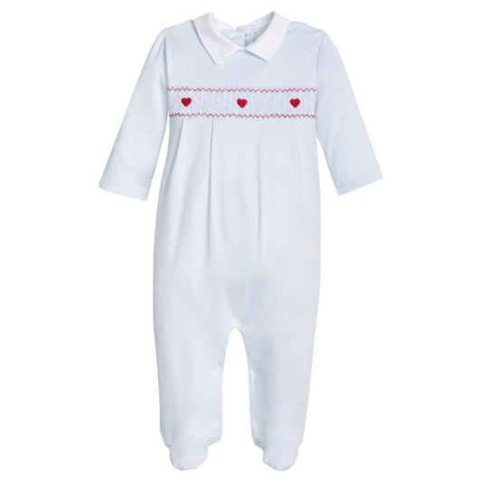 Little English Smocked Footie- Blue Hearts