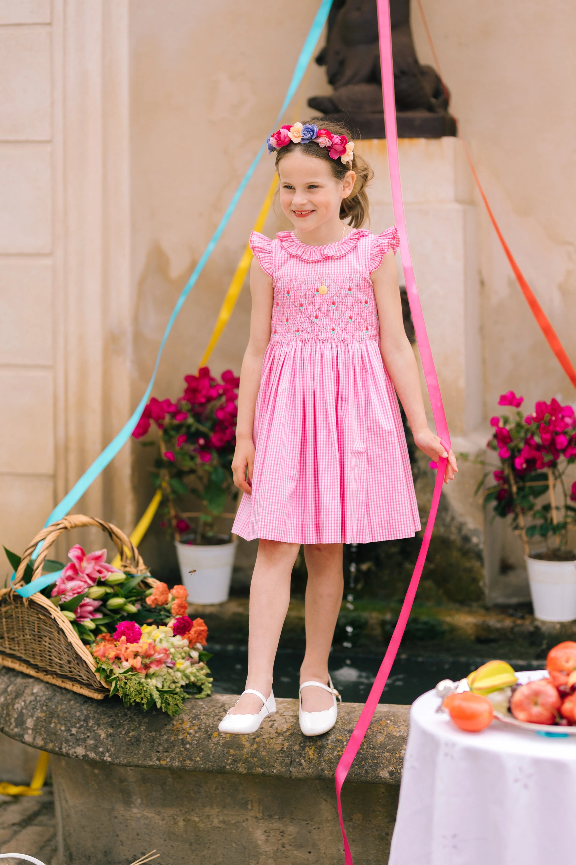 Antionette Paris Tulip Pink Gingham Frilled Smocked Dress