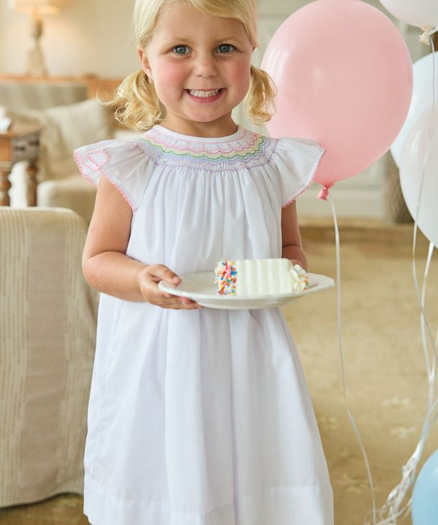 Little English Smocked Bishop Dress- Rainbow
