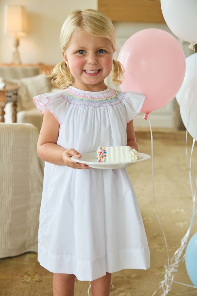 Little English Smocked Bishop Dress- Rainbow