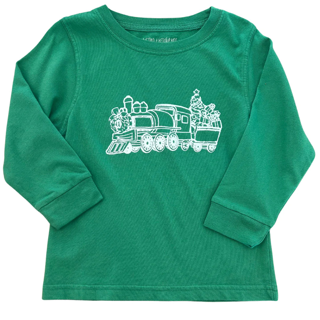 Mustard & Ketchup Kids Long Sleeve Green Holiday Train T-Shirt