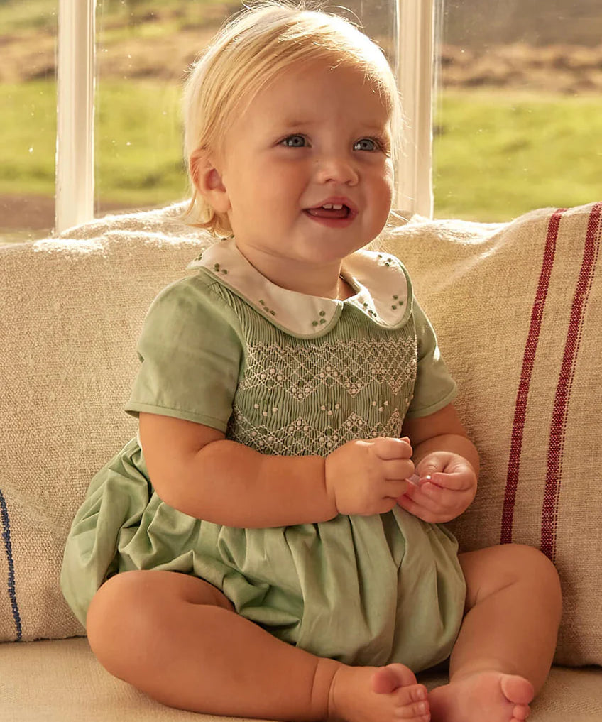 Peter Pan Collar Hand Smocked Short Sleeve Bubble in Green