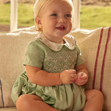 Peter Pan Collar Hand Smocked Short Sleeve Bubble in Green