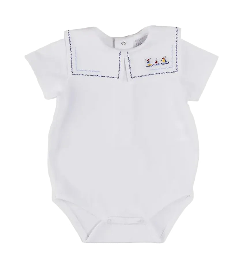 Pepa London Boat Embroidery Statement Collar Short Sleeve Bodysuit in White