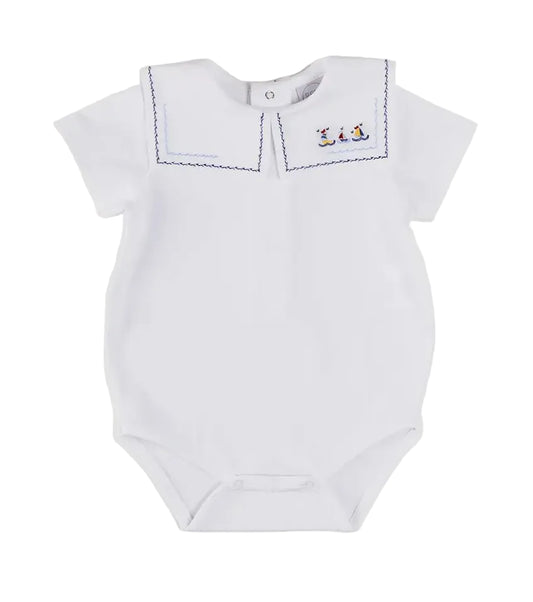 Pepa London Boat Embroidery Statement Collar Short Sleeve Bodysuit in White