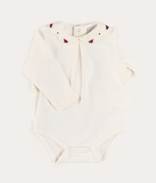 Pepa London Flower Embroidered Collar Long Sleeve Bodysuit in Red