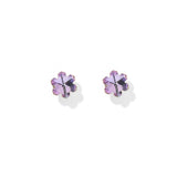 A pair of small flower-shaped stud earrings with iridescent lavender-purple petals and gold-toned prongs, set against a clean white background.