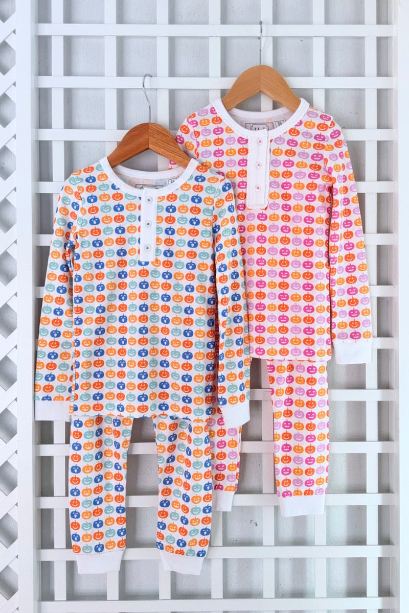 Lila and Hayes pumpkin print halloween pajamas for children
