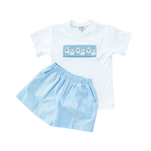 Ruth and Ralph Blue Ghosts Smocked Halloween Beau Shorts Set