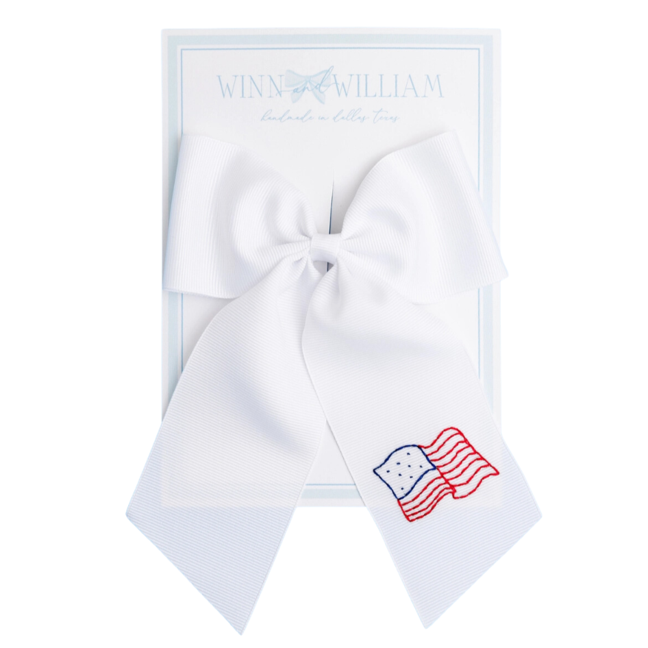 Winn and William Hand Embroidered Bows Large American Flag Bow - White