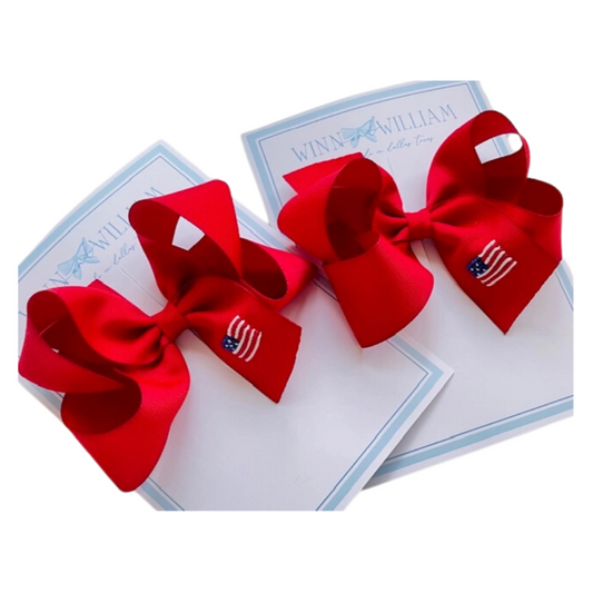 Winn and William Hand Embroidered Bows Medium Americana Bow- Red
