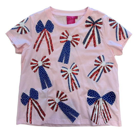 Queen of Sparkles Red, White and Blue Scattered Bow Pink Tee - Women's