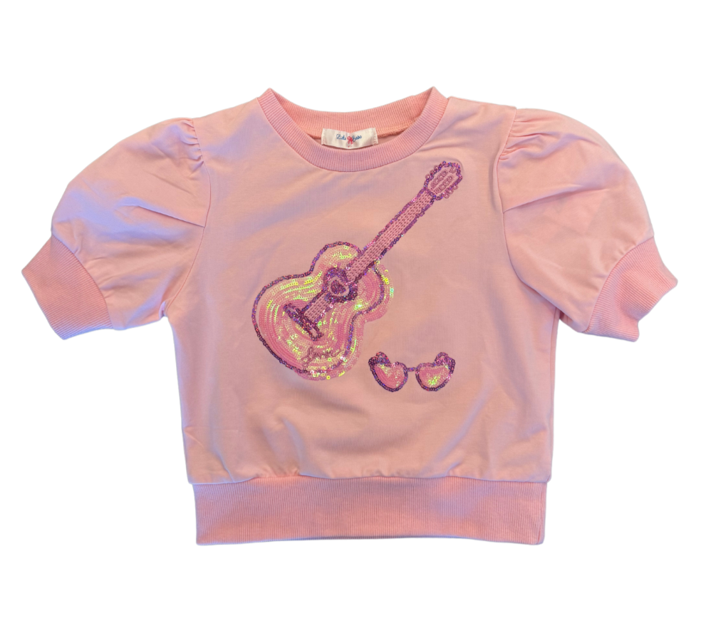 Lulu Bebe Light Pink Guitar Sequin Puff Sleeve Top