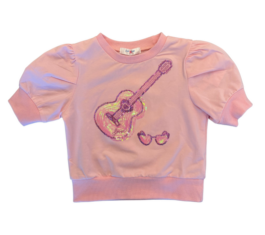 Lulu Bebe Light Pink Guitar Sequin Puff Sleeve Top