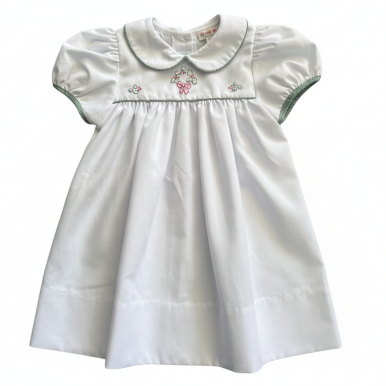 Auraluz White and Green Check Dress with Embroidered Wreath