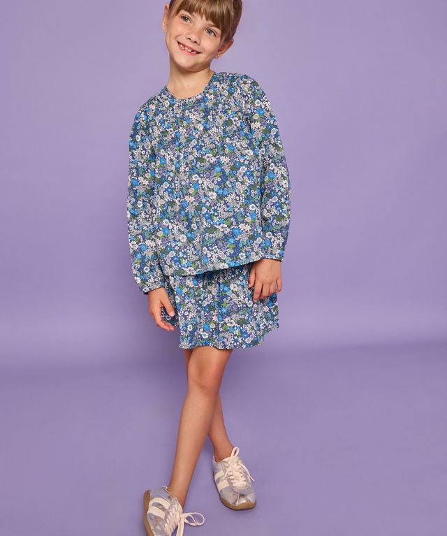 Shirred Circle Skirt- Brookline Blossoms Blue