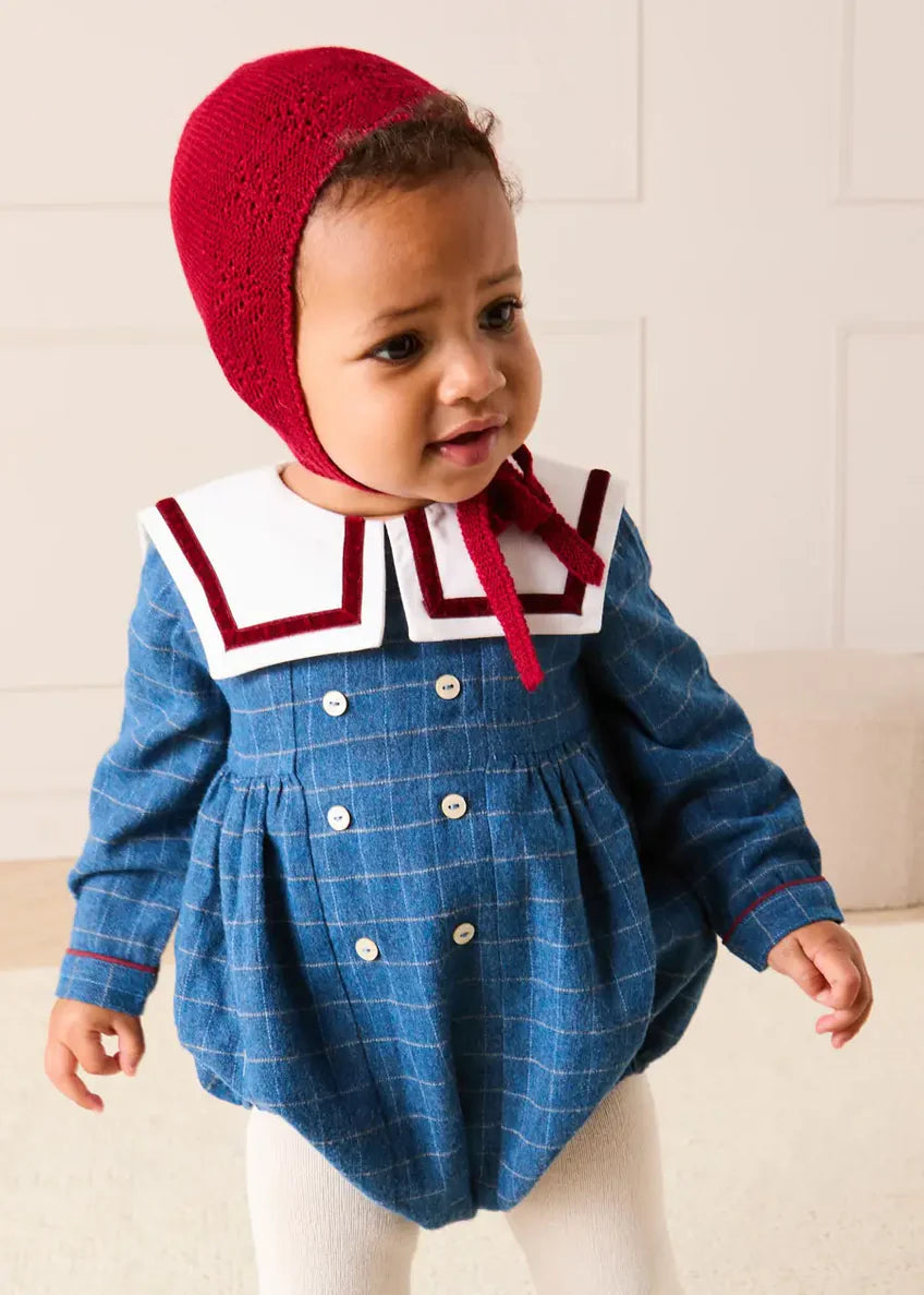 Moreton Check Mariner Collar Long Sleeve Romper in Blue