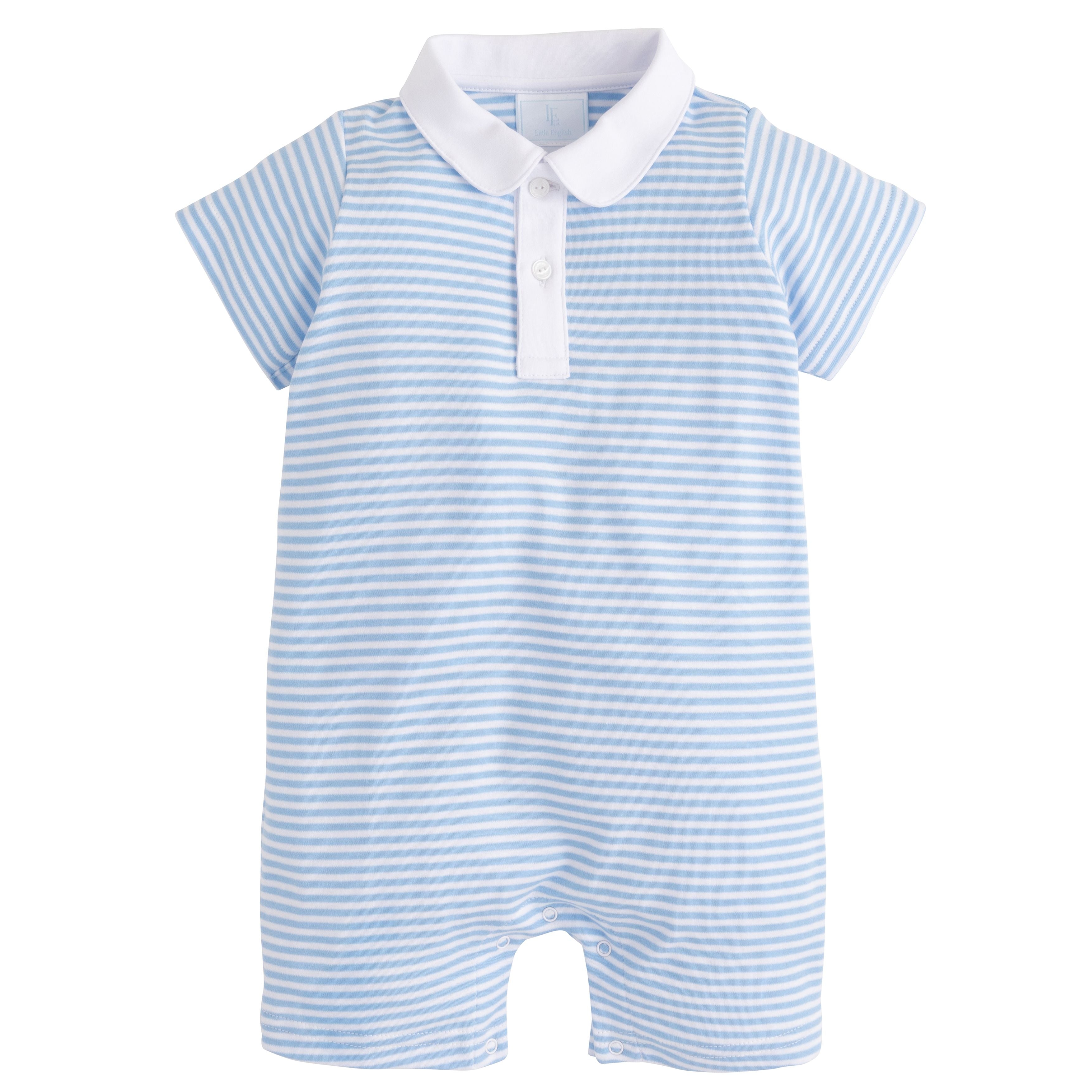 Little English Peter Pan Polo Romper- Light Blue Stripe