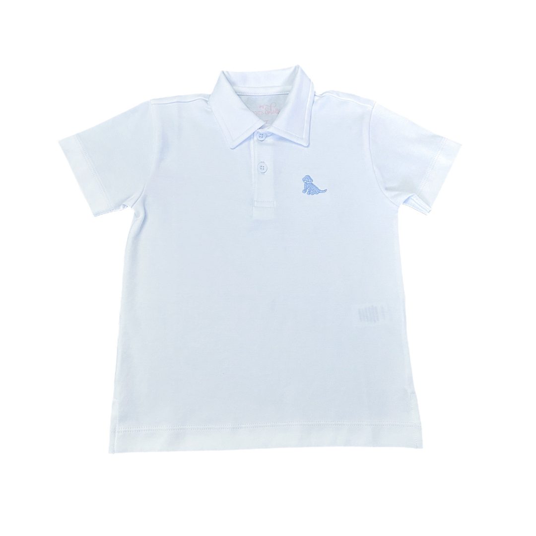 James and Lottie White Polo with Blue Puppy