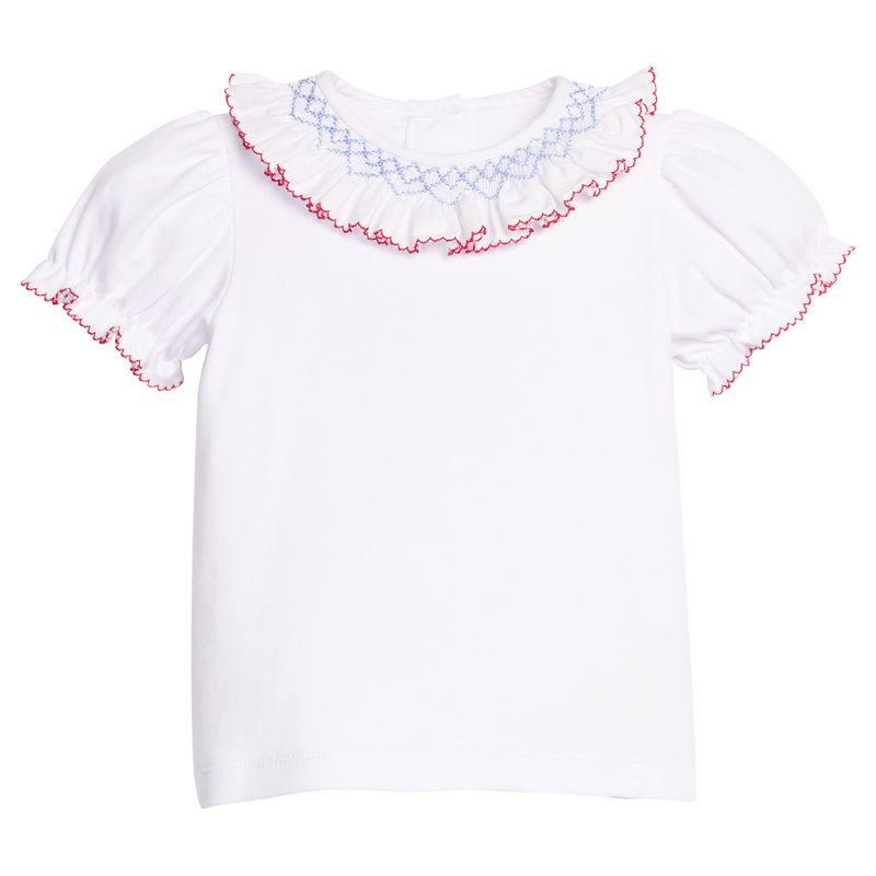 Little English Short Sleeve Smocked Madeline Blouse- Blue and Red