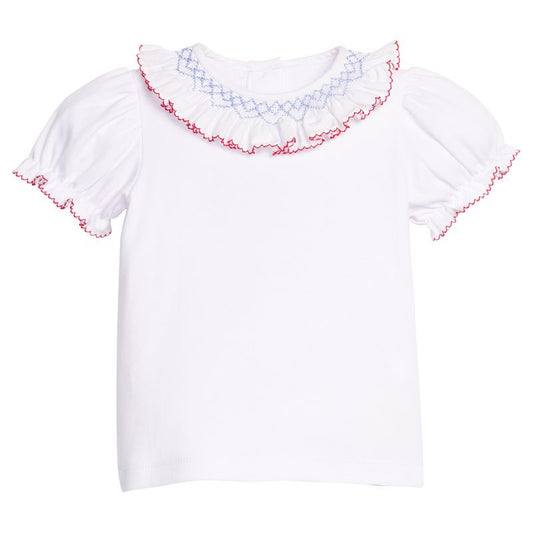 Little English Short Sleeve Smocked Madeline Blouse- Blue and Red