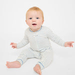 Oso & Me Ziggy Zip Romper- Dusty Blue Mini Stripe
