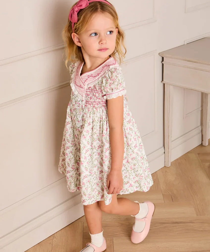 Alice Floral Double Breasted Hand Smocked Dress in Pink