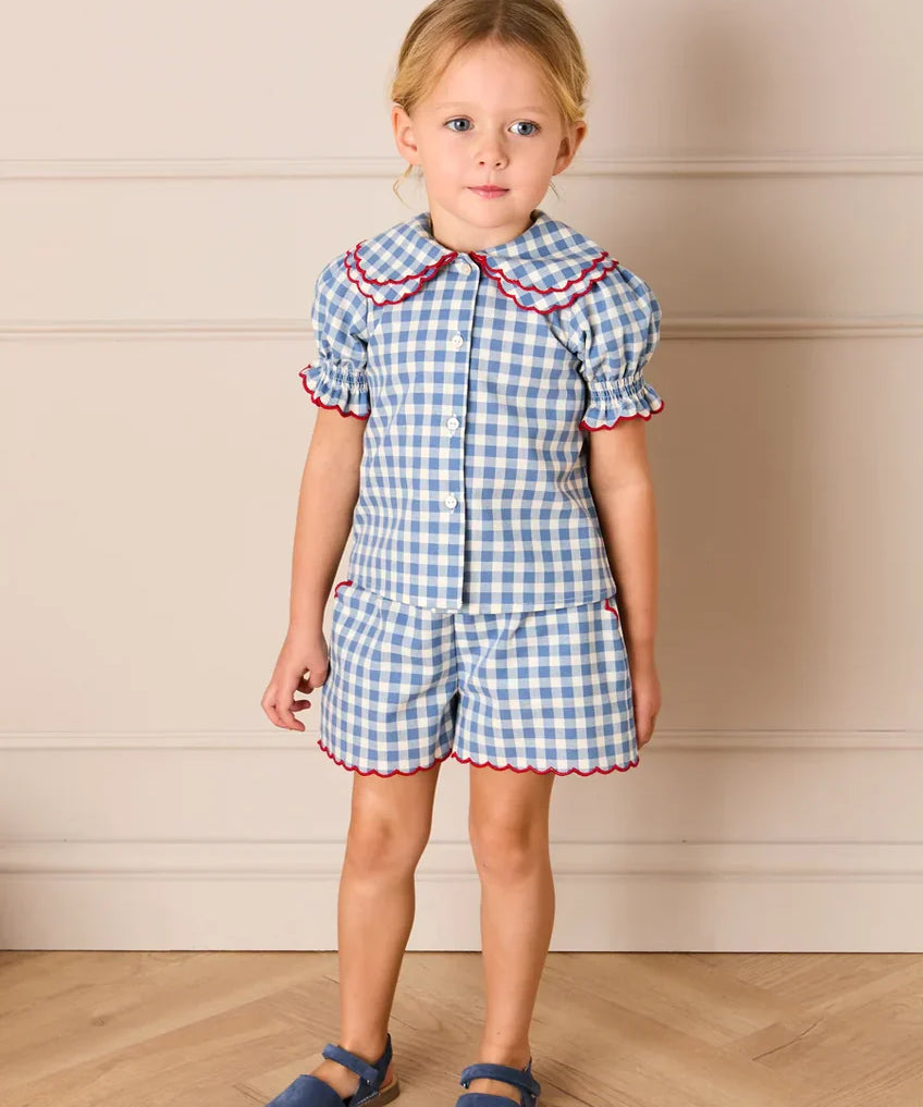 Darby Gingham Scallop Edge Bow Detail Shorts in Blue