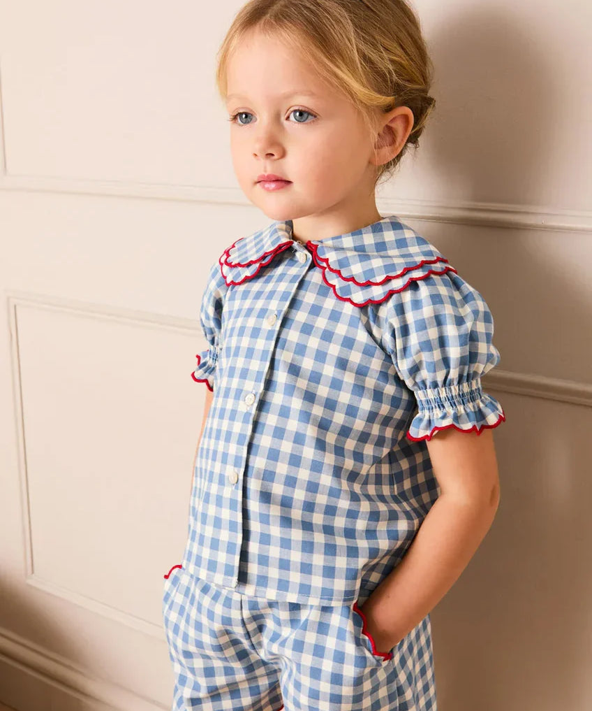 Darby Gingham Scallop Layered Collar Short Sleeve Blouse in Blue