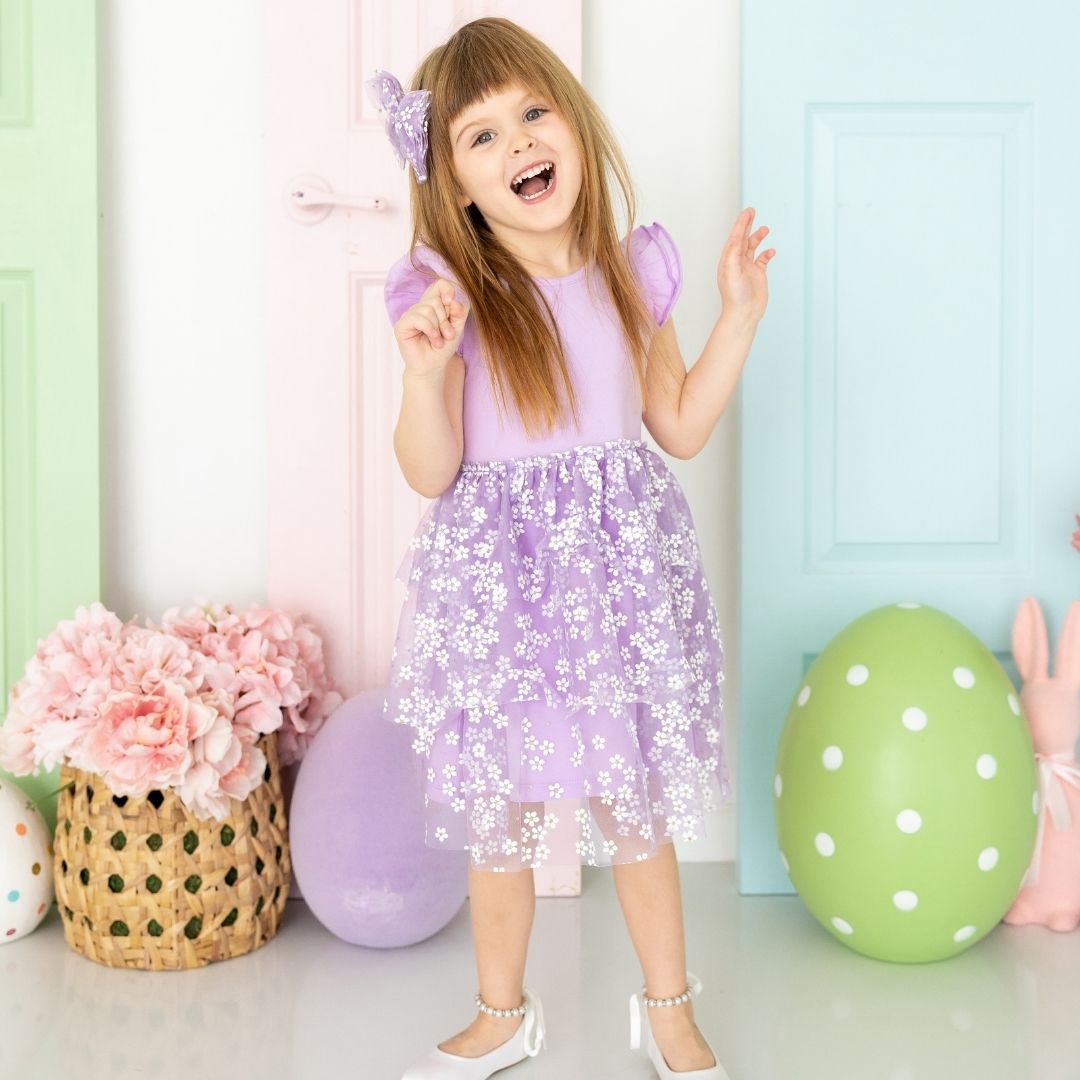 Sweet Wink Lavender Ditsy Daisy Easter Tiered Short Sleeve Tutu Dress