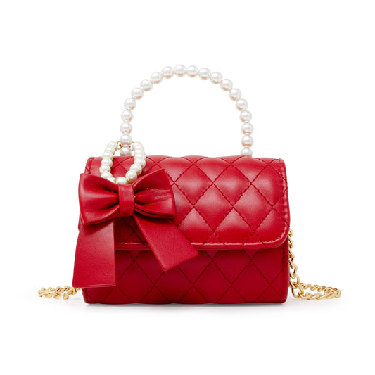 Zomi Gems Quilted Peal Handle Bow Ribbon Purse- Red